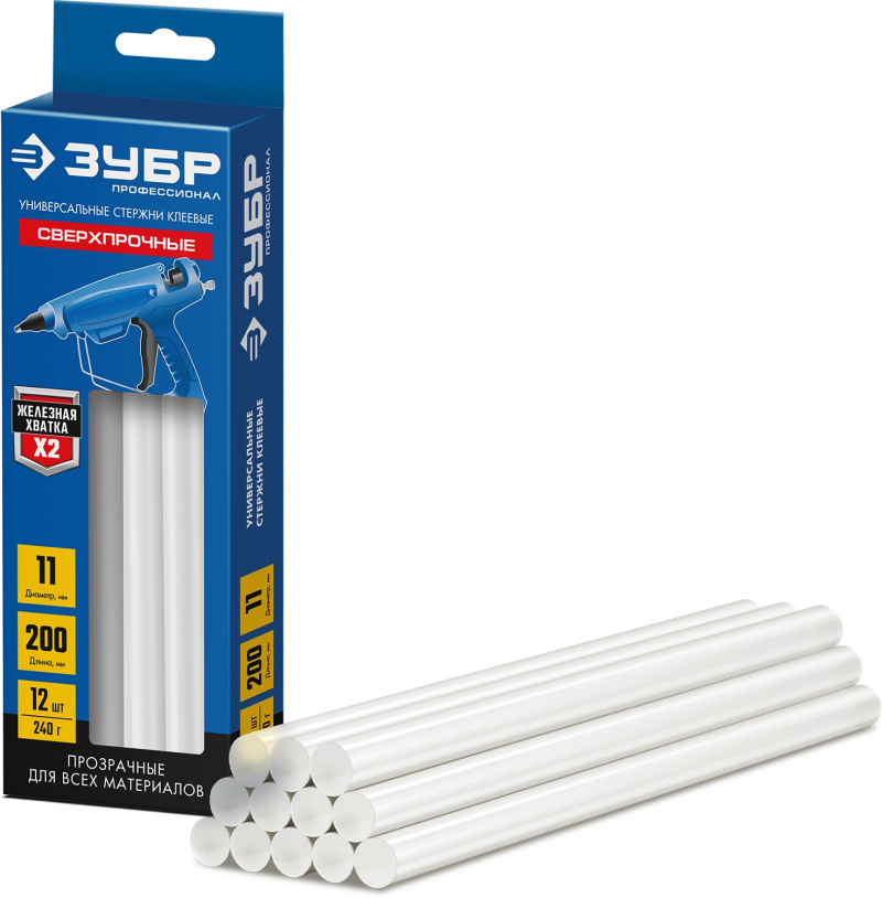 Стержни клеевые ЗУБР Проффесионал,прозрачные,сверхпрочные,d 11x200 мм (11-12мм)  12 шт,240г 06856-12
